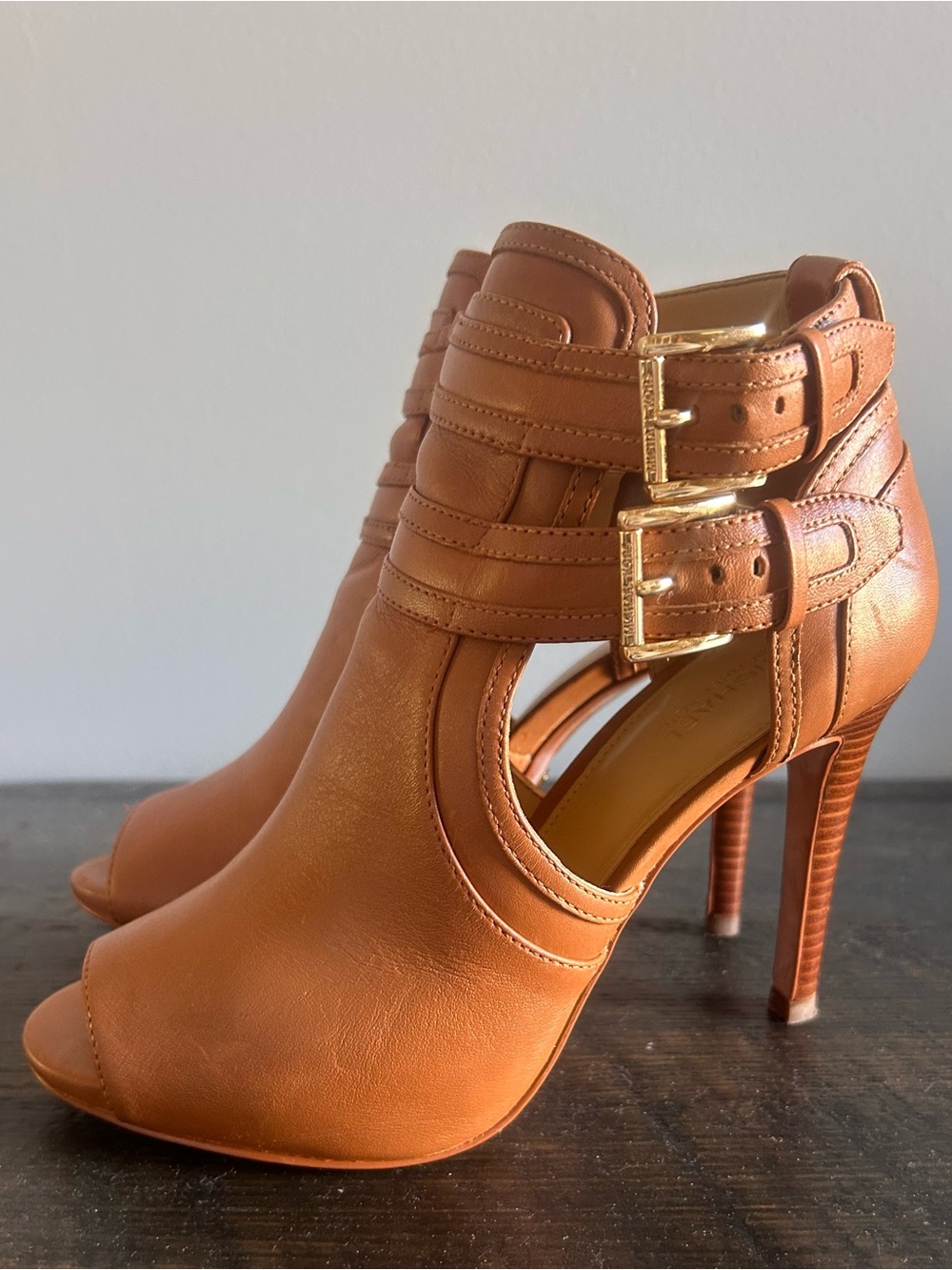 Michael Kors Tan Cutout Peep-Toe Stiletto Ankle Boots with Gold Buckles